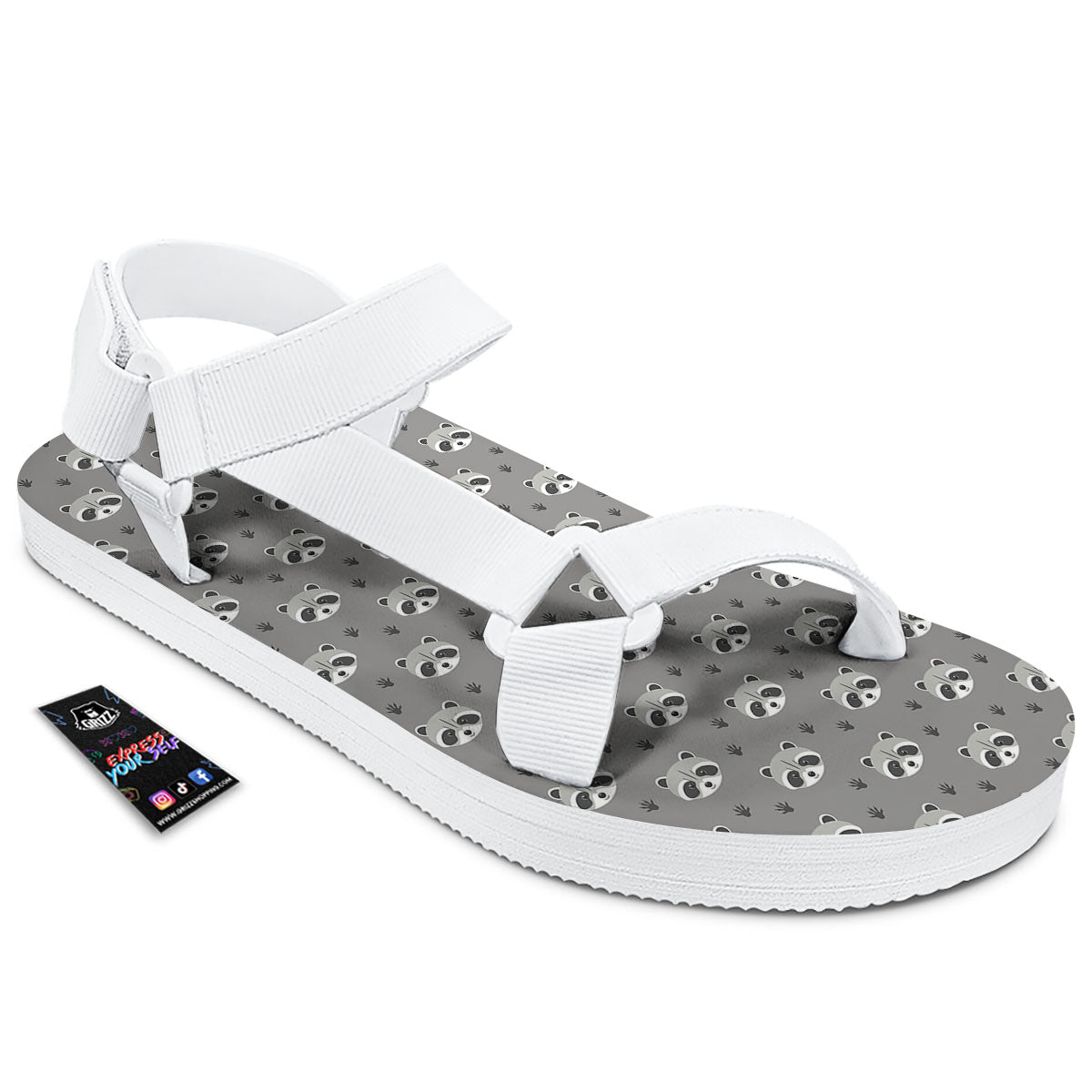 Raccoon Grey Print Pattern White Open Toe Sandals-grizzshop