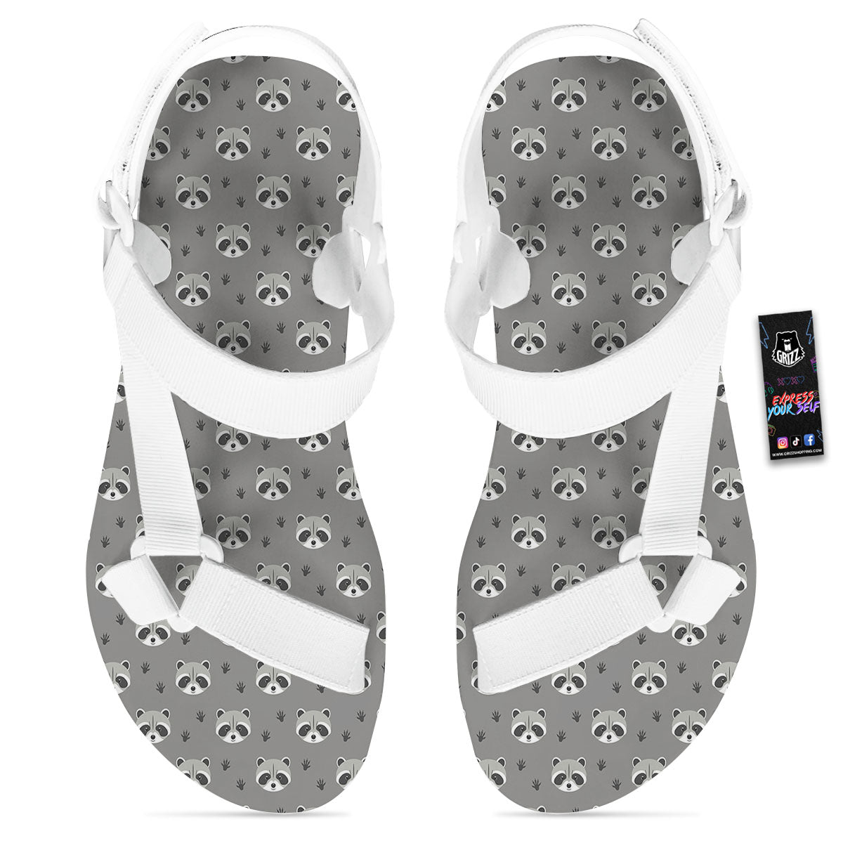 Raccoon Grey Print Pattern White Open Toe Sandals-grizzshop