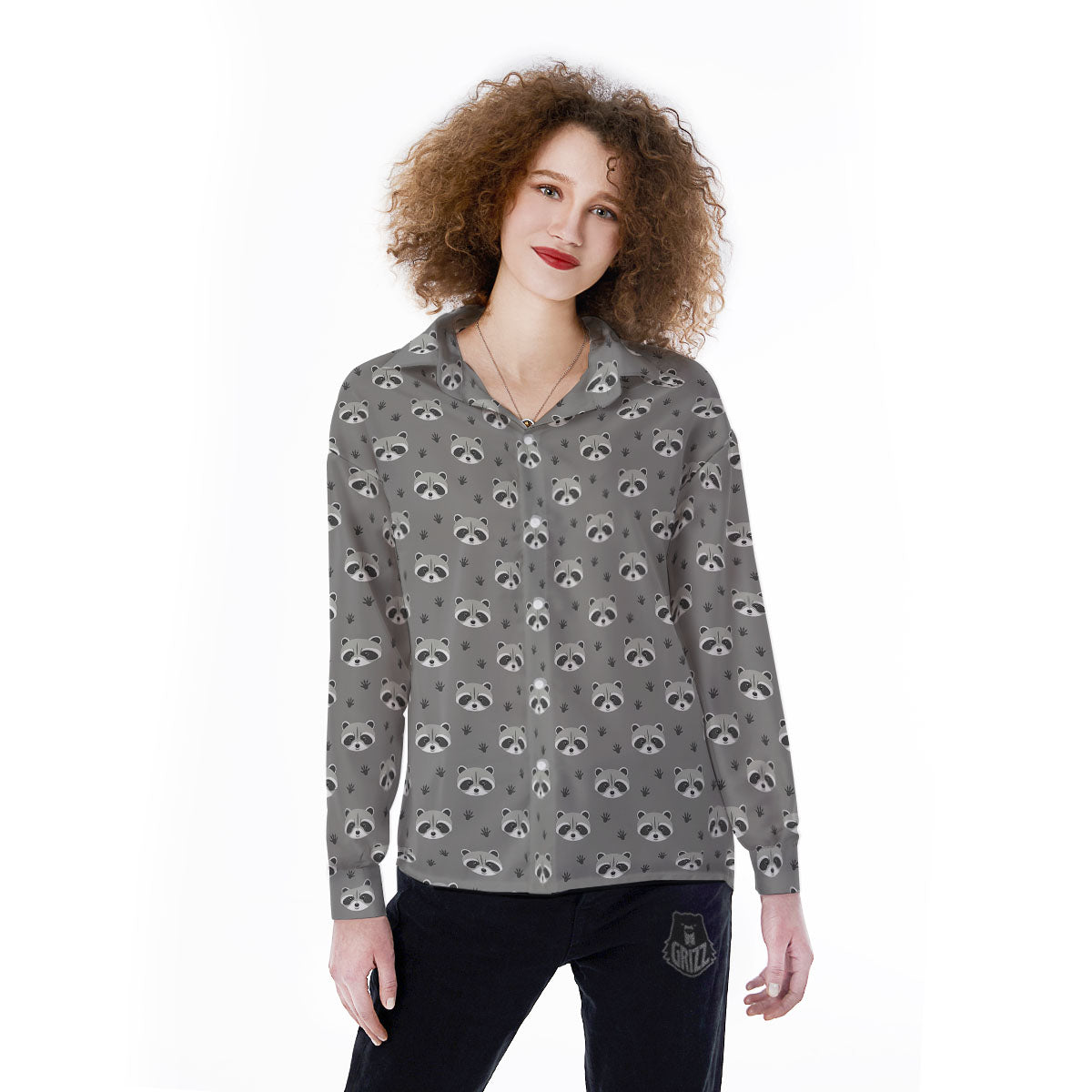 Raccoon Grey Print Pattern Women's Long Sleeve Shirts-grizzshop