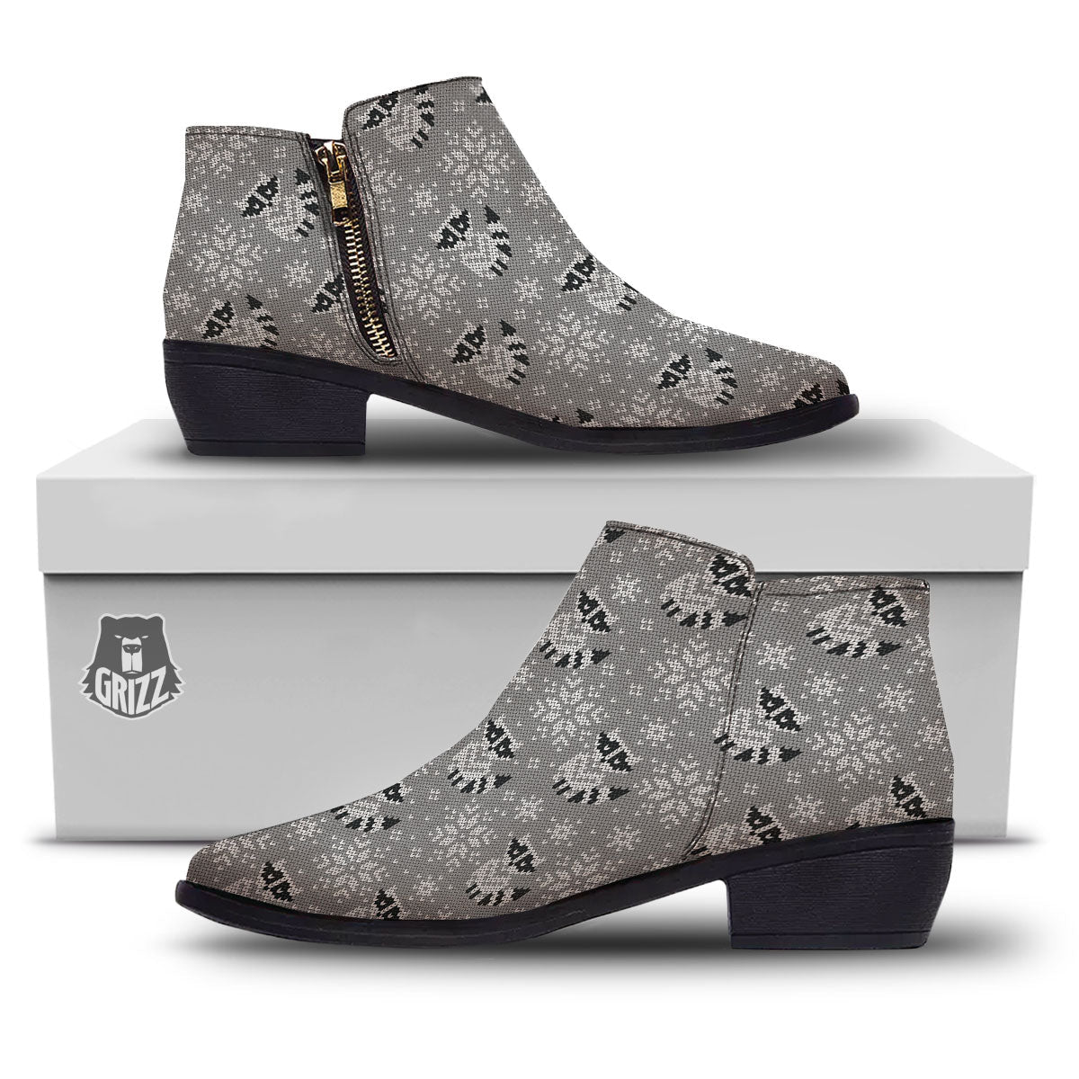Raccoon Knitted Print Pattern Ankle Boots-grizzshop