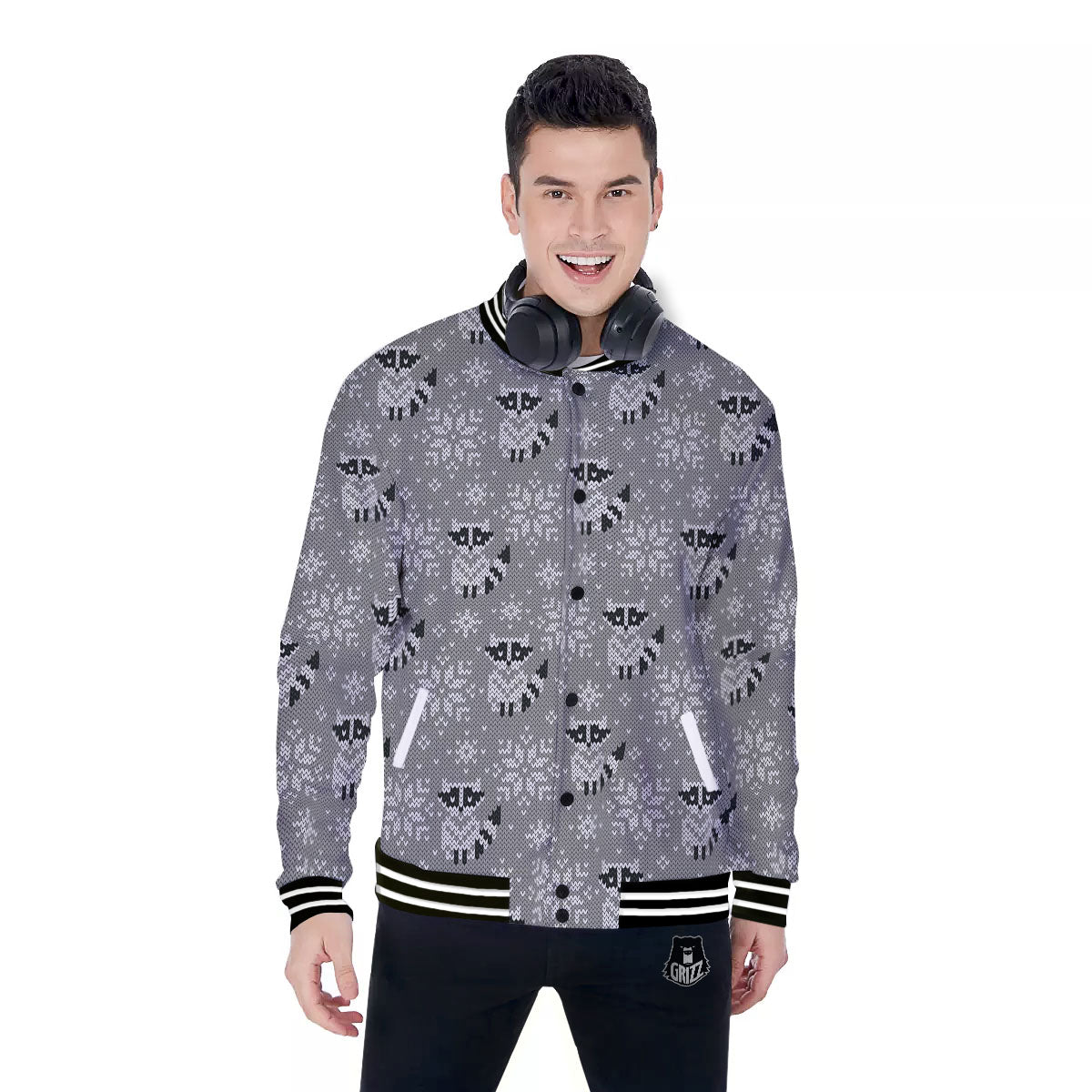 Raccoon Knitted Print Pattern Baseball Jacket-grizzshop