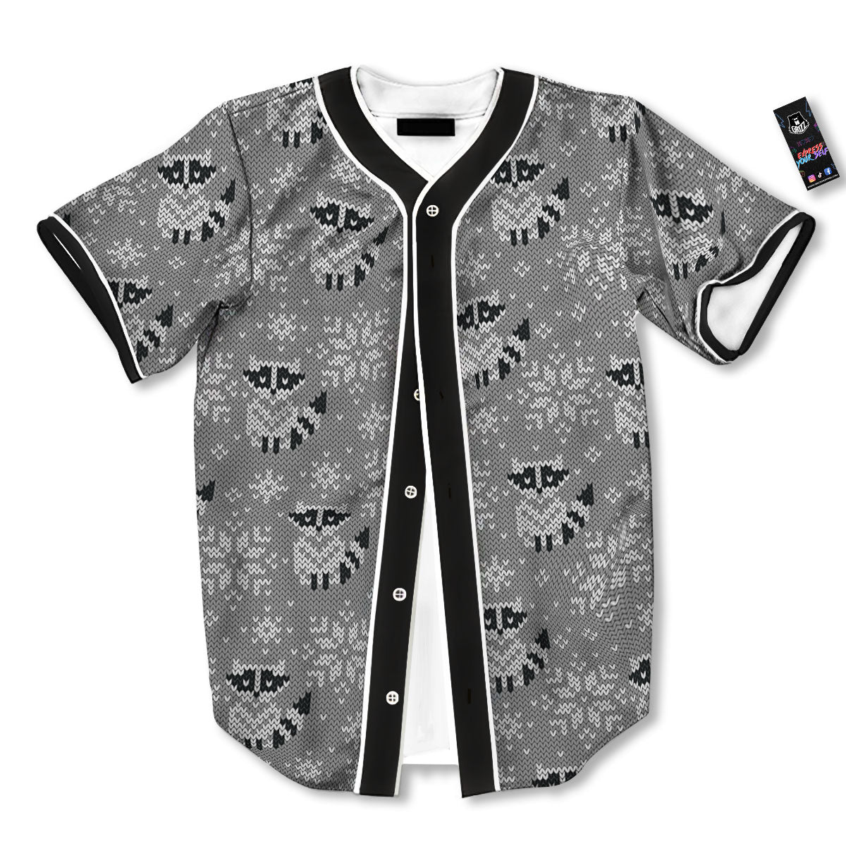 Raccoon Knitted Print Pattern Baseball Jersey-grizzshop