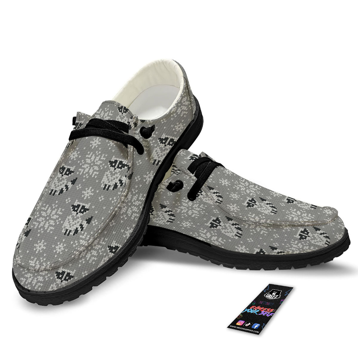 Raccoon Knitted Print Pattern Black Loafers-grizzshop
