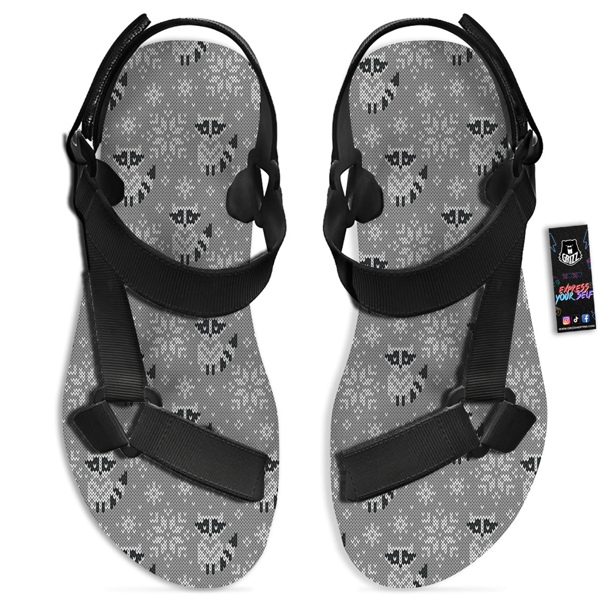 Raccoon Knitted Print Pattern Black Open Toe Sandals-grizzshop