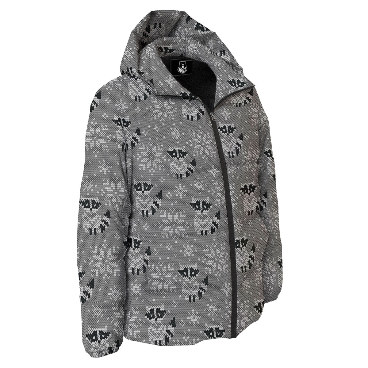 Raccoon Knitted Print Pattern Down Jacket-grizzshop