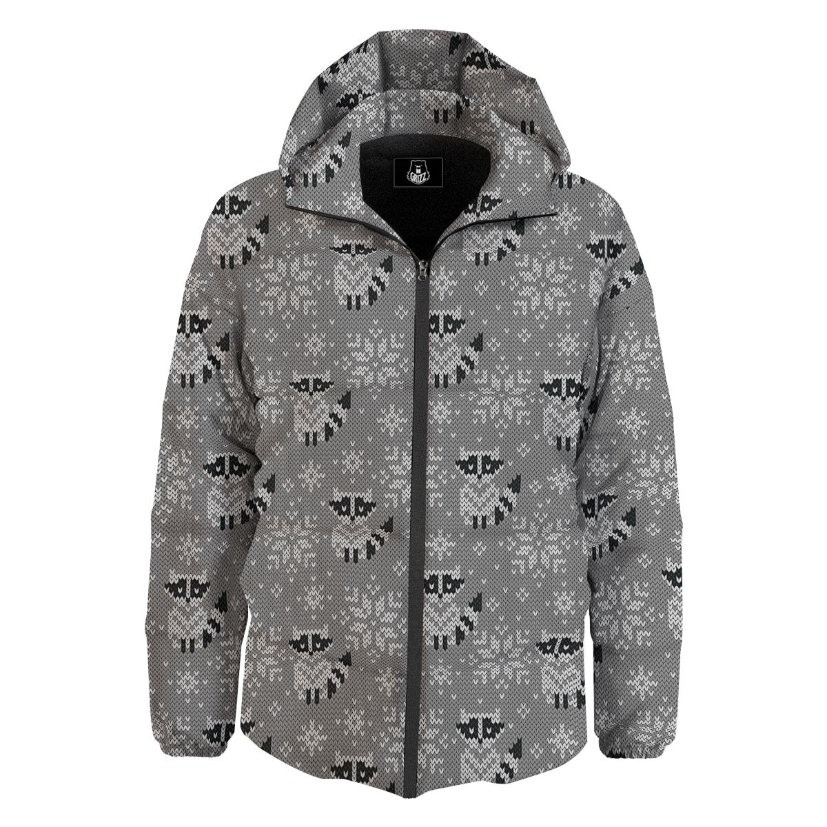 Raccoon Knitted Print Pattern Down Jacket-grizzshop
