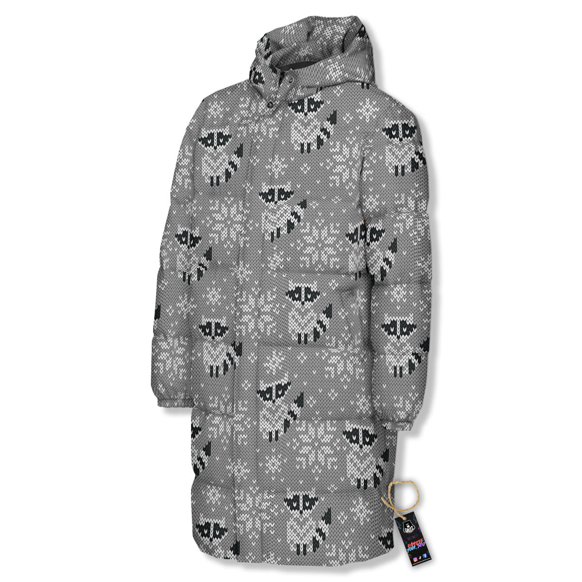 Raccoon Knitted Print Pattern Long Down Jacket-grizzshop