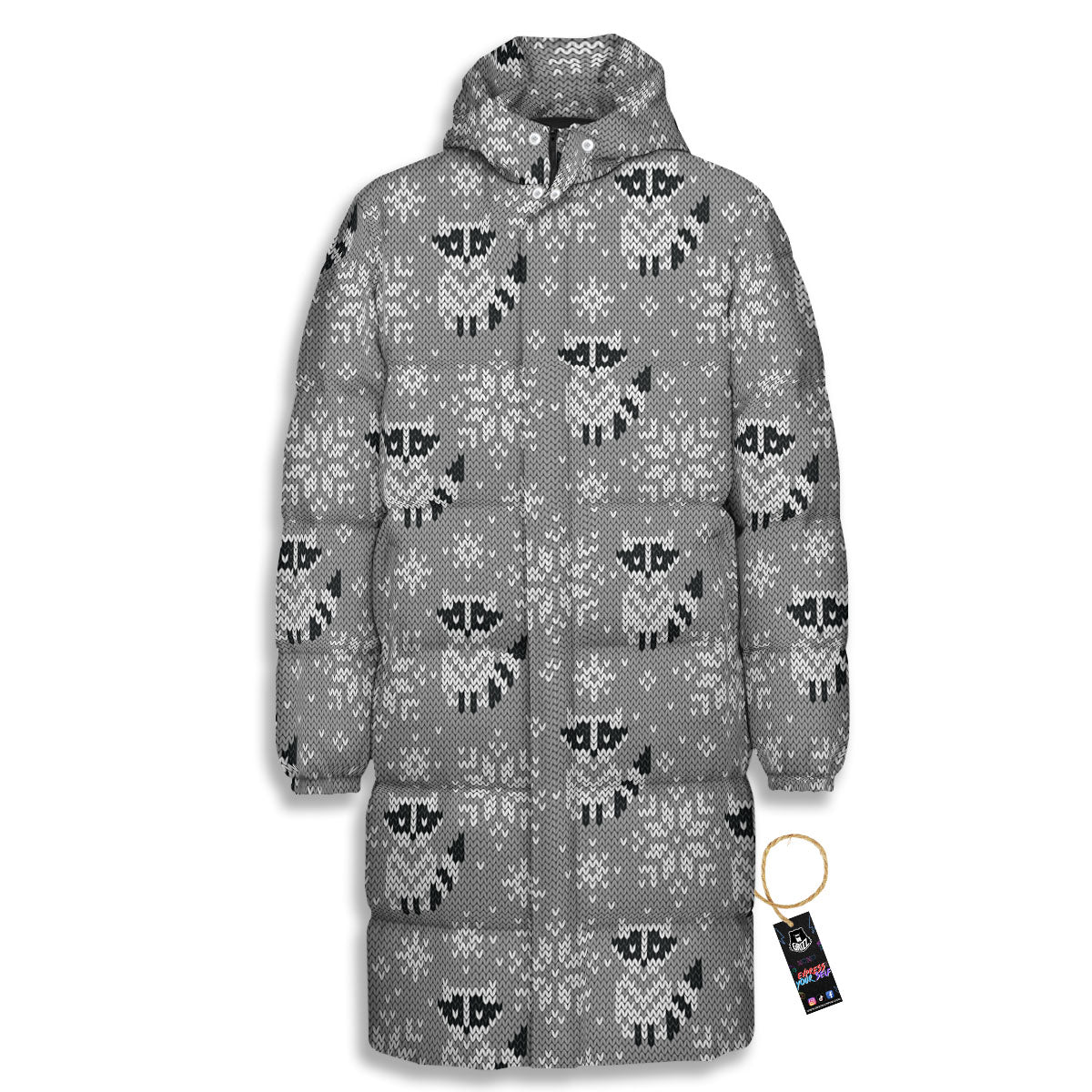 Raccoon Knitted Print Pattern Long Down Jacket-grizzshop