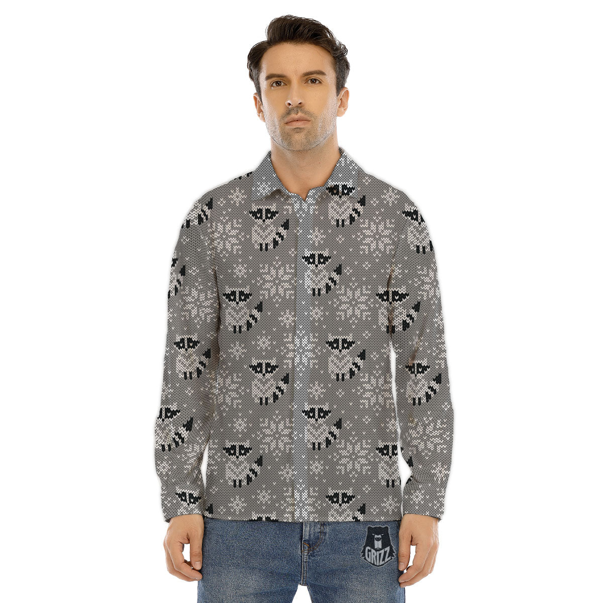 Raccoon Knitted Print Pattern Men's Dress Shirts-grizzshop
