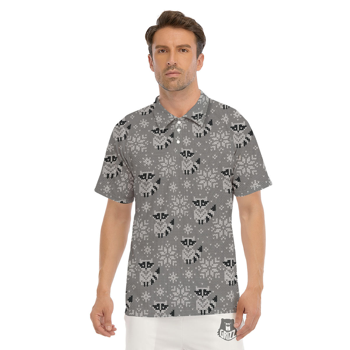 Raccoon Knitted Print Pattern Men's Golf Shirts-grizzshop