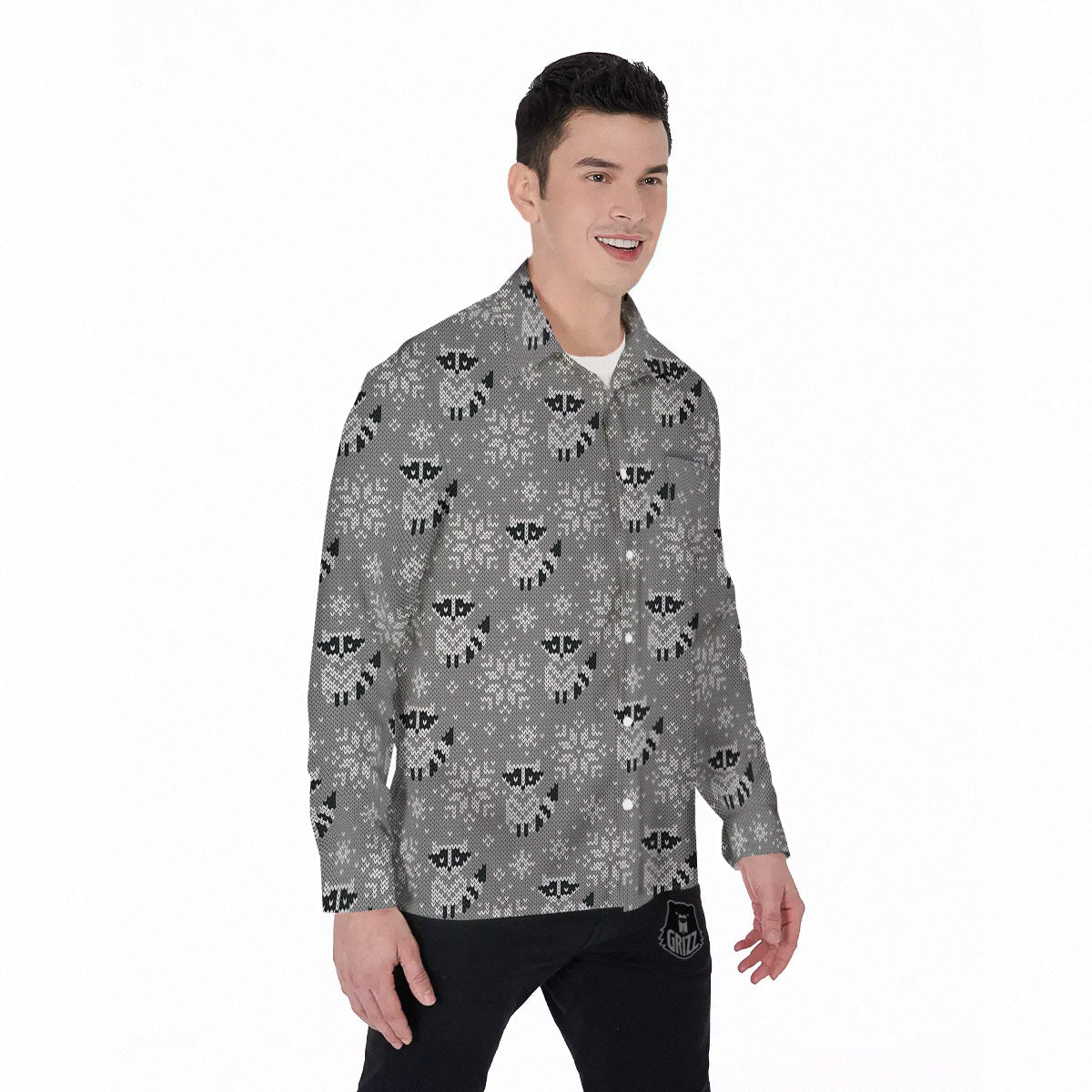 Raccoon Knitted Print Pattern Men's Long Sleeve Shirts-grizzshop
