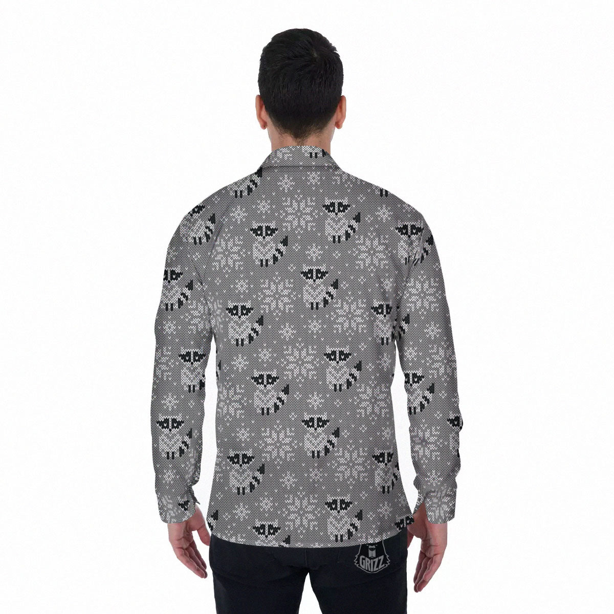 Raccoon Knitted Print Pattern Men's Long Sleeve Shirts-grizzshop