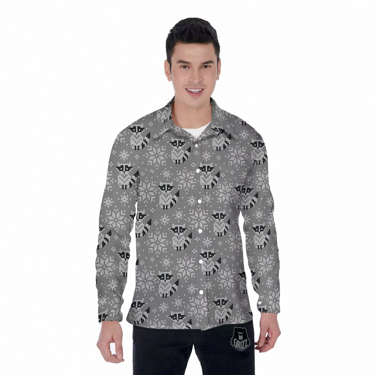 Raccoon Knitted Print Pattern Men's Long Sleeve Shirts-grizzshop