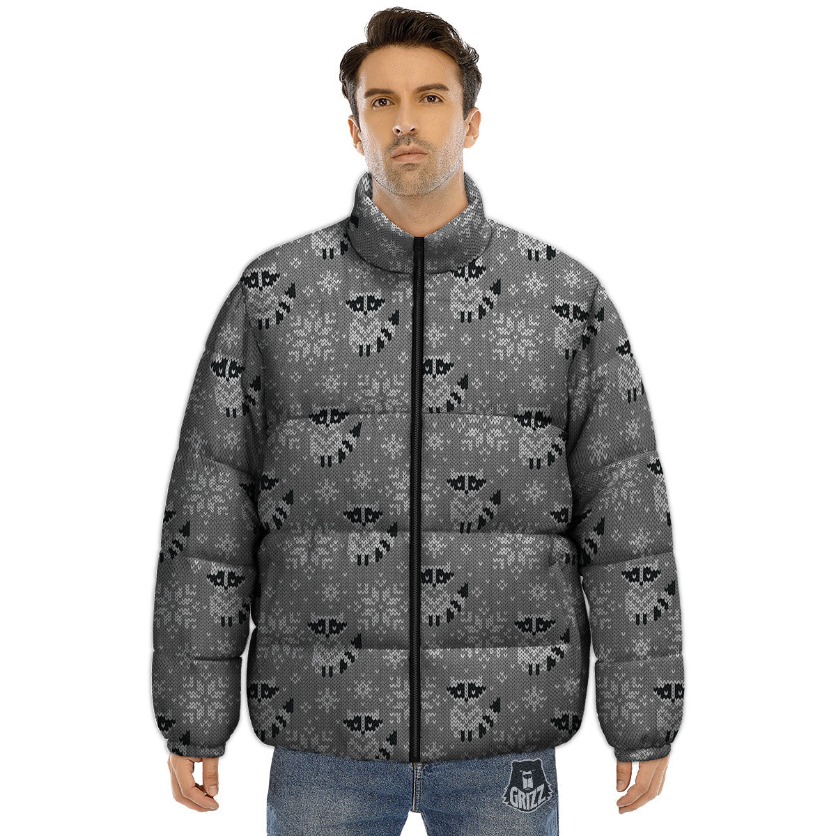Raccoon Knitted Print Pattern Puffer Jacket-grizzshop