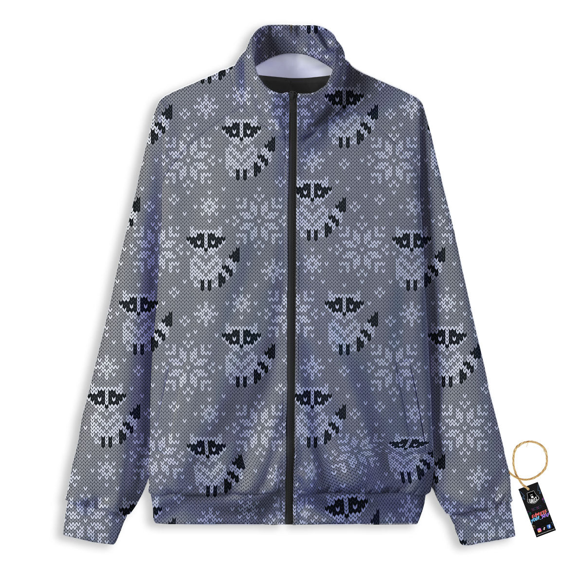 Raccoon Knitted Print Pattern Track Jacket-grizzshop
