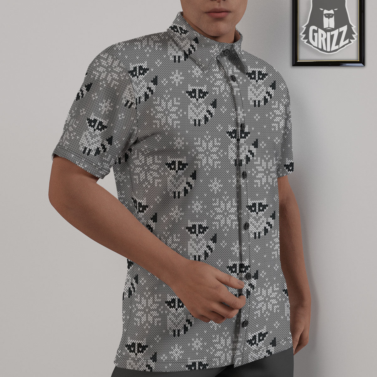 Raccoon Knitted Print Pattern Untucked Shirts-grizzshop