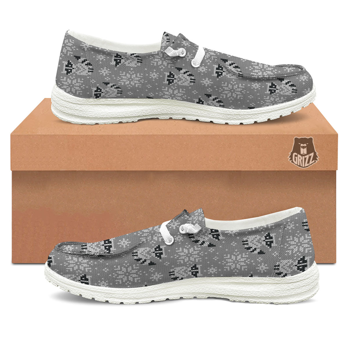 Raccoon Knitted Print Pattern White Loafers-grizzshop