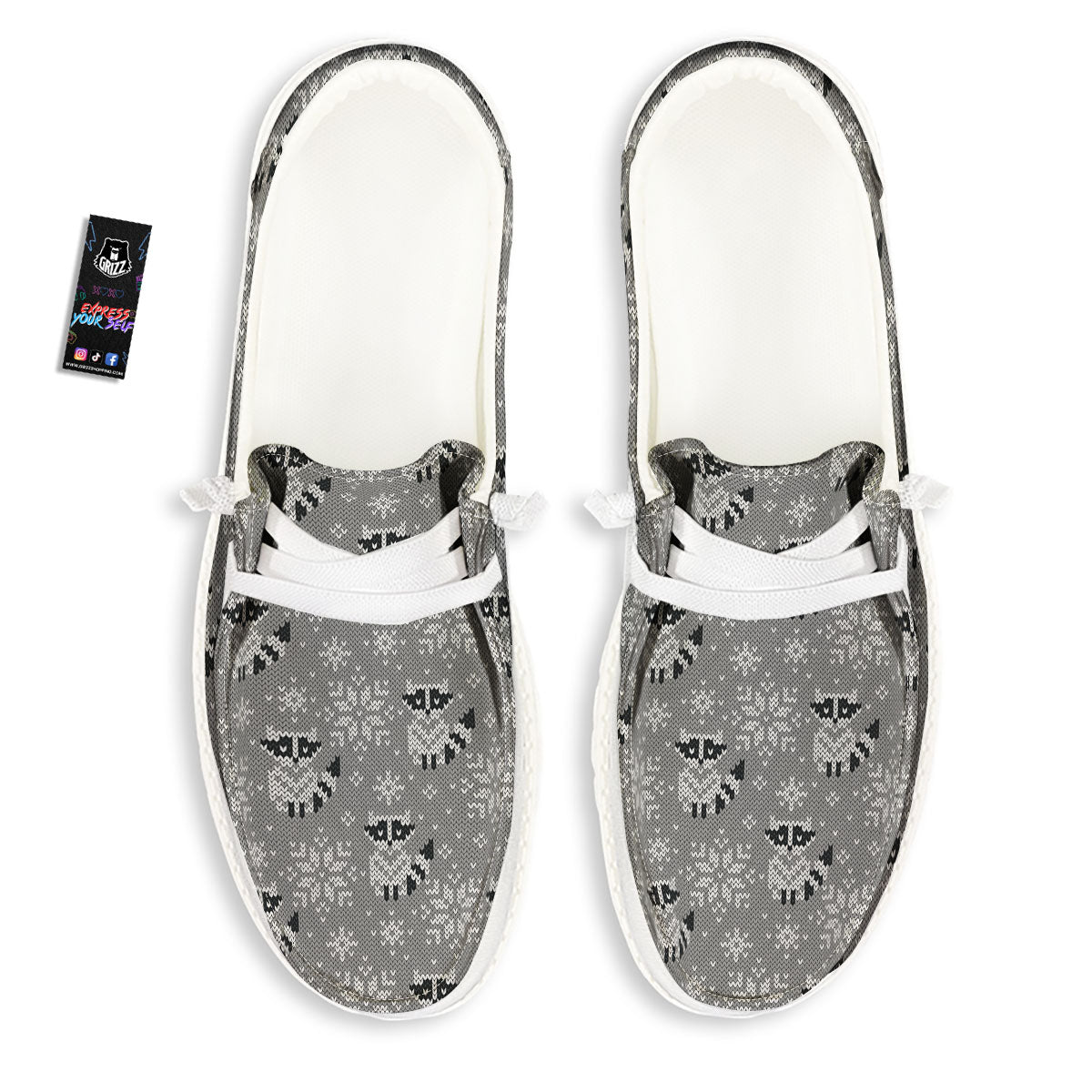 Raccoon Knitted Print Pattern White Loafers-grizzshop