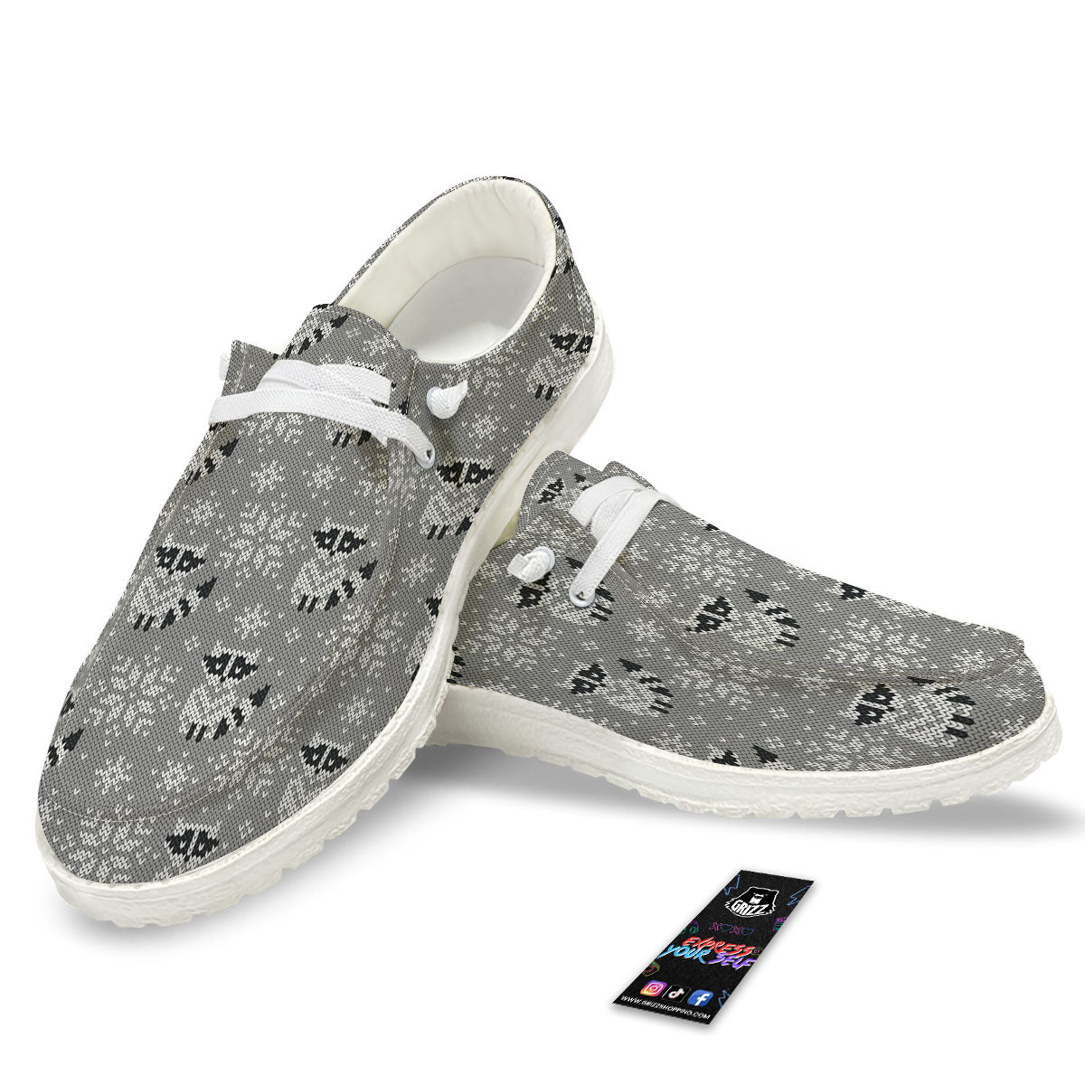 Raccoon Knitted Print Pattern White Loafers-grizzshop