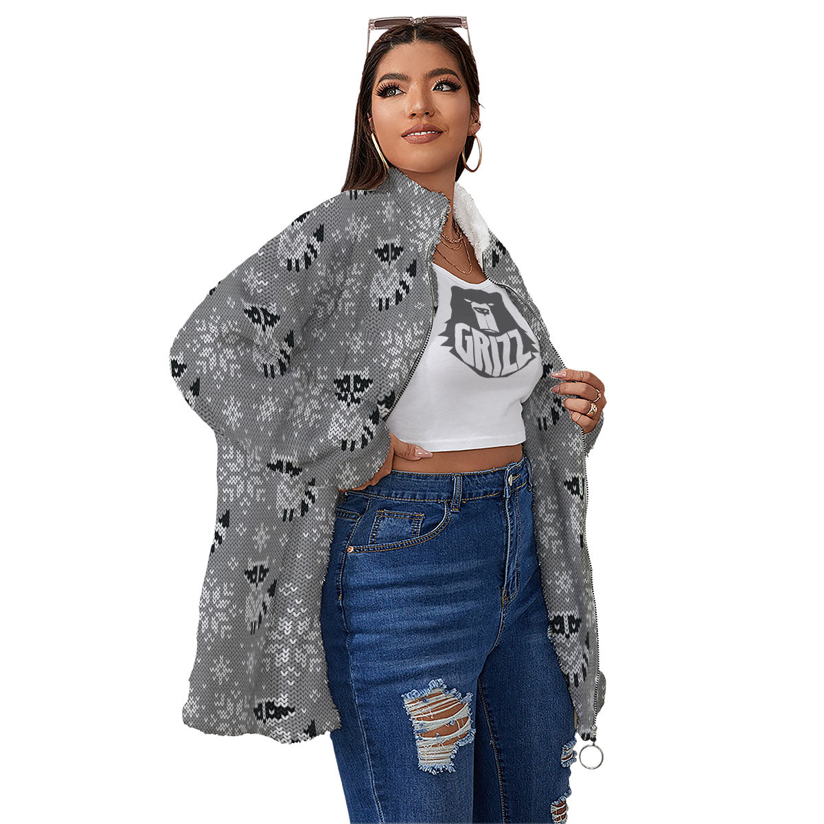 Raccoon Knitted Print Pattern Women's Sherpa Jacket-grizzshop