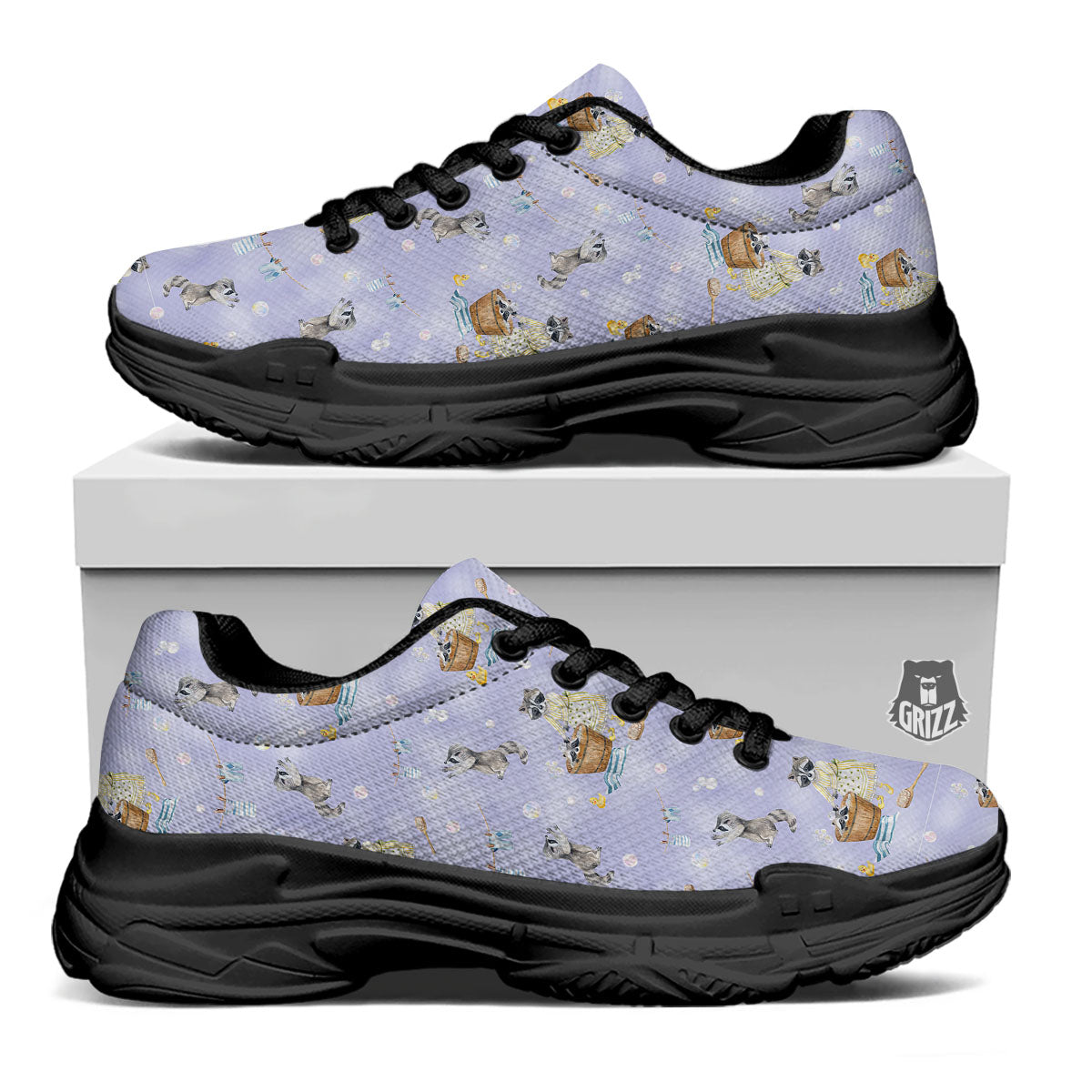 Raccoon Watercolor Print Pattern Black Chunky Shoes-grizzshop