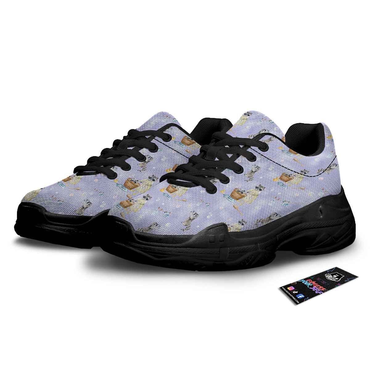 Raccoon Watercolor Print Pattern Black Chunky Shoes-grizzshop