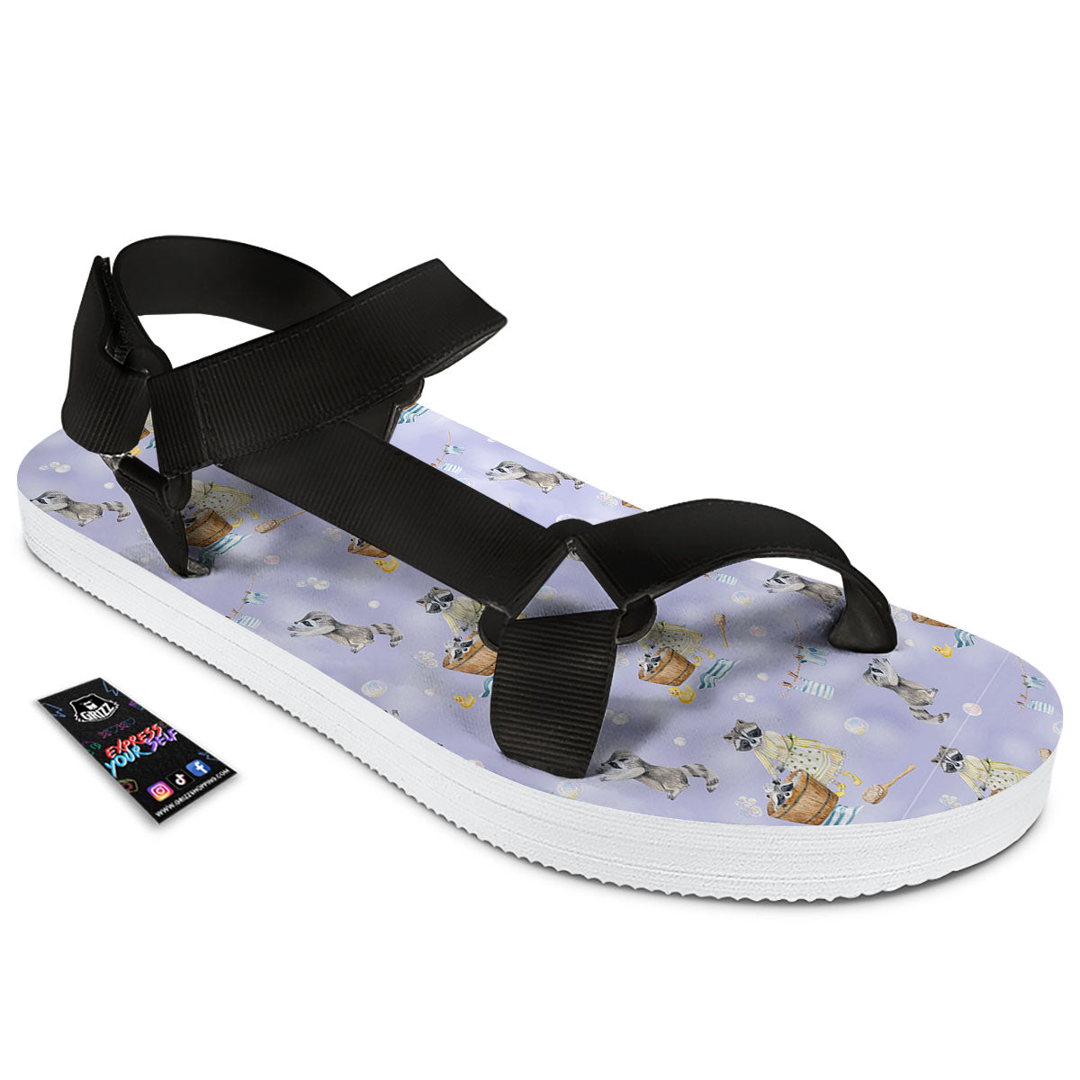 Raccoon Watercolor Print Pattern Black Open Toe Sandals-grizzshop