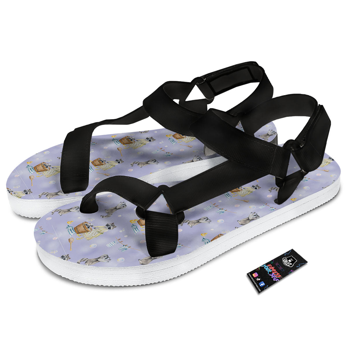 Raccoon Watercolor Print Pattern Black Open Toe Sandals-grizzshop