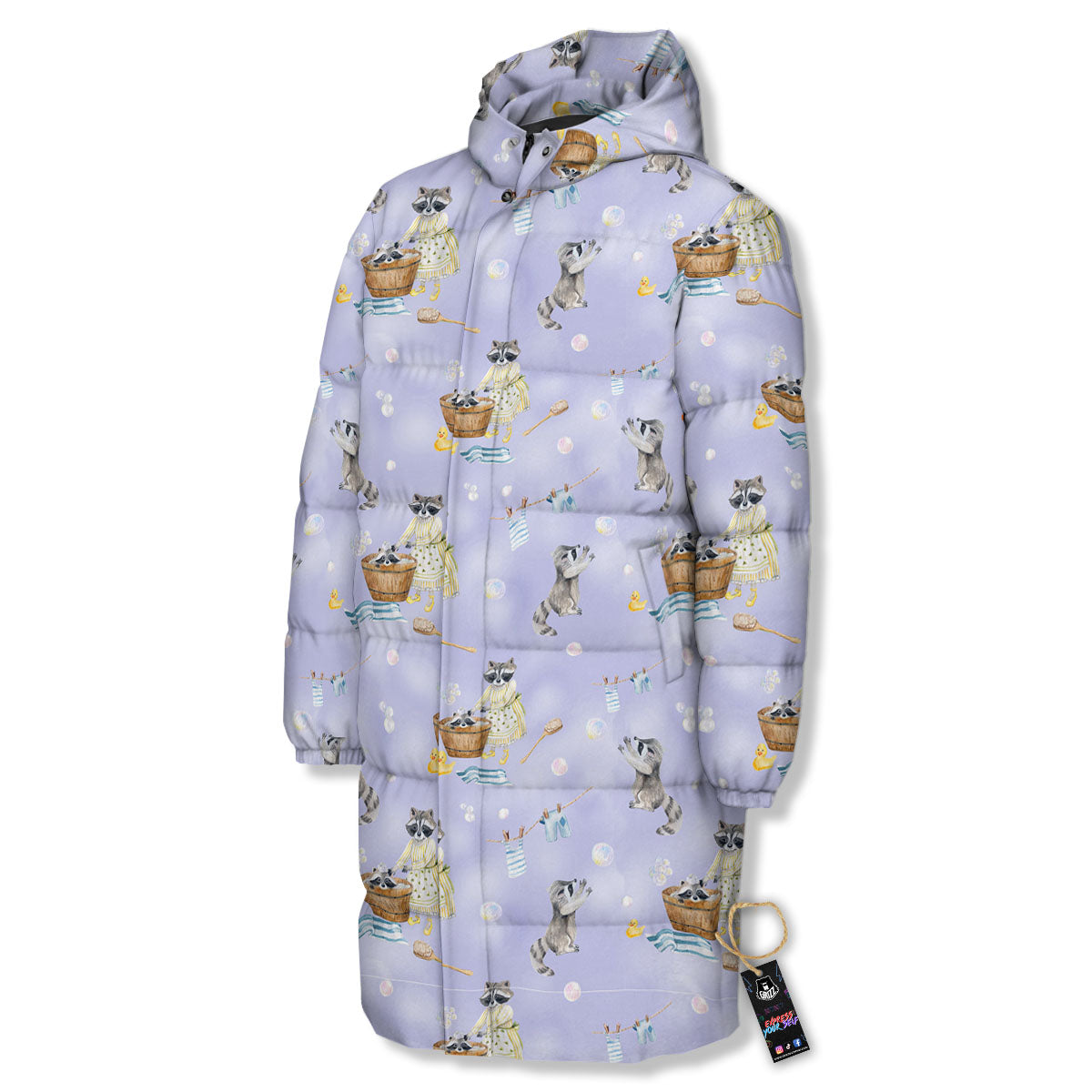 Raccoon Watercolor Print Pattern Long Down Jacket-grizzshop