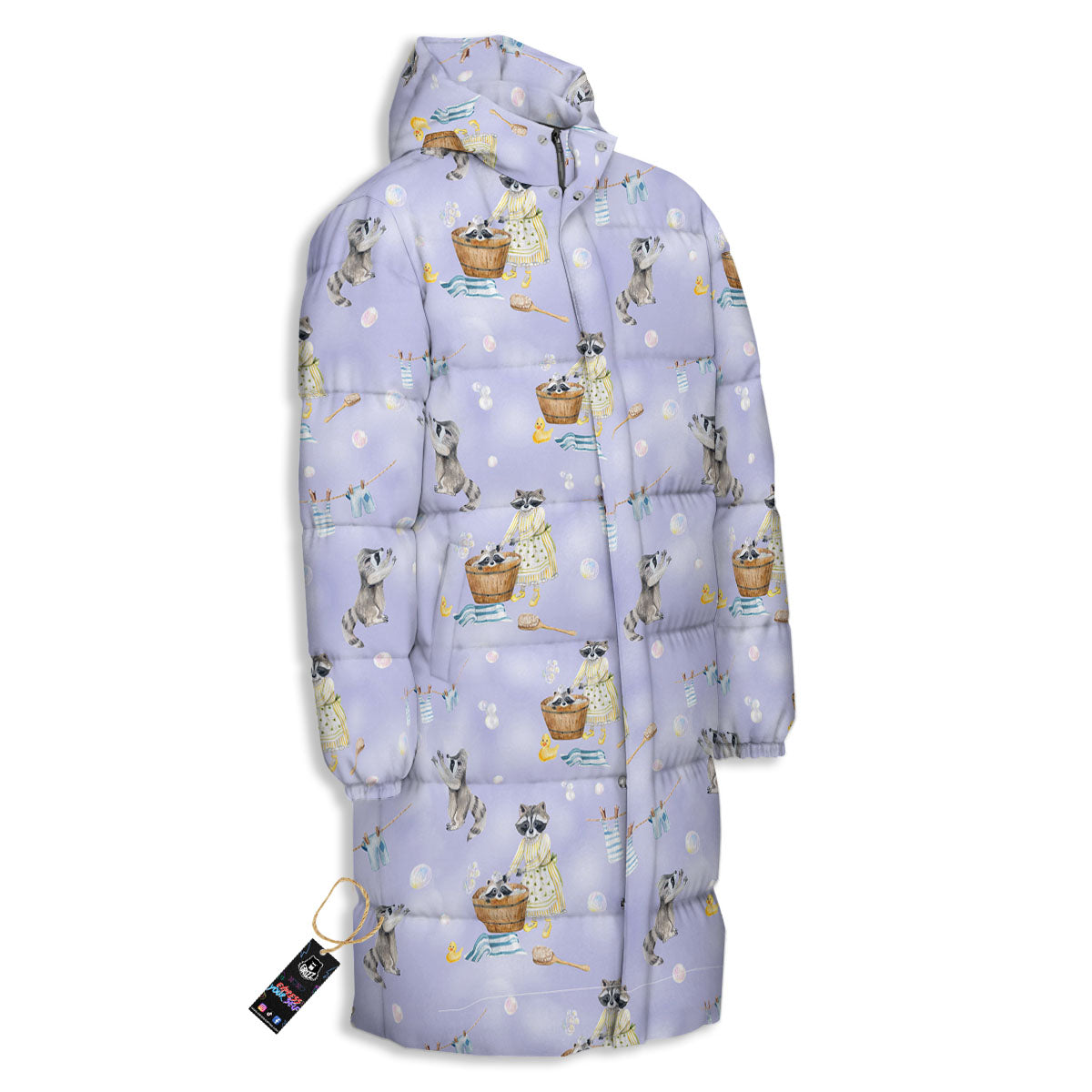 Raccoon Watercolor Print Pattern Long Down Jacket-grizzshop