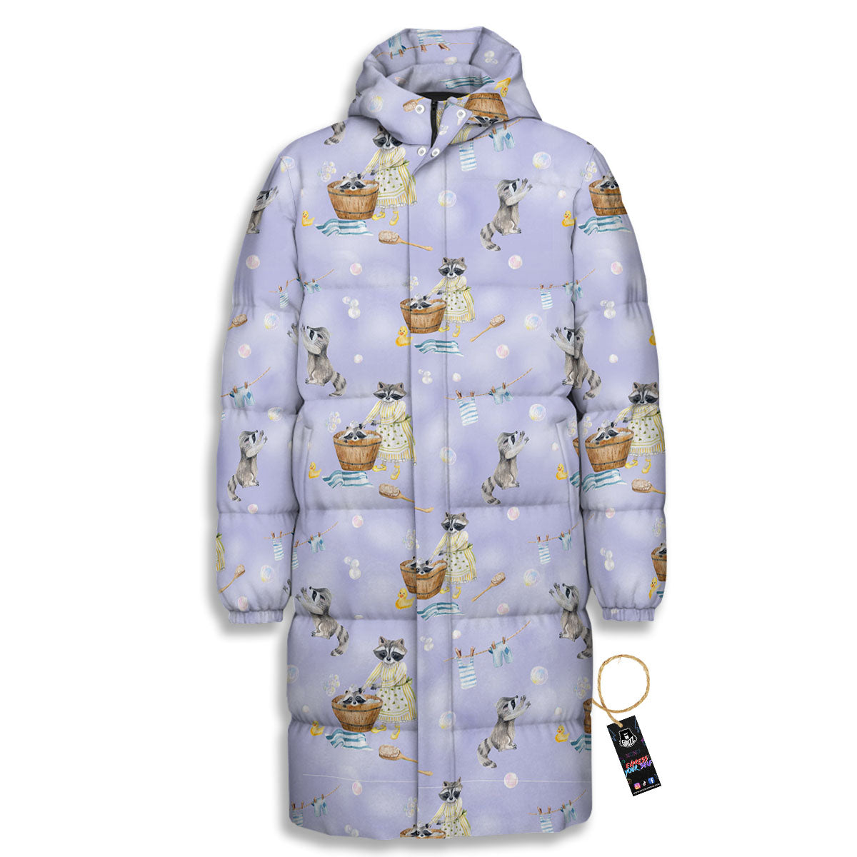 Raccoon Watercolor Print Pattern Long Down Jacket-grizzshop