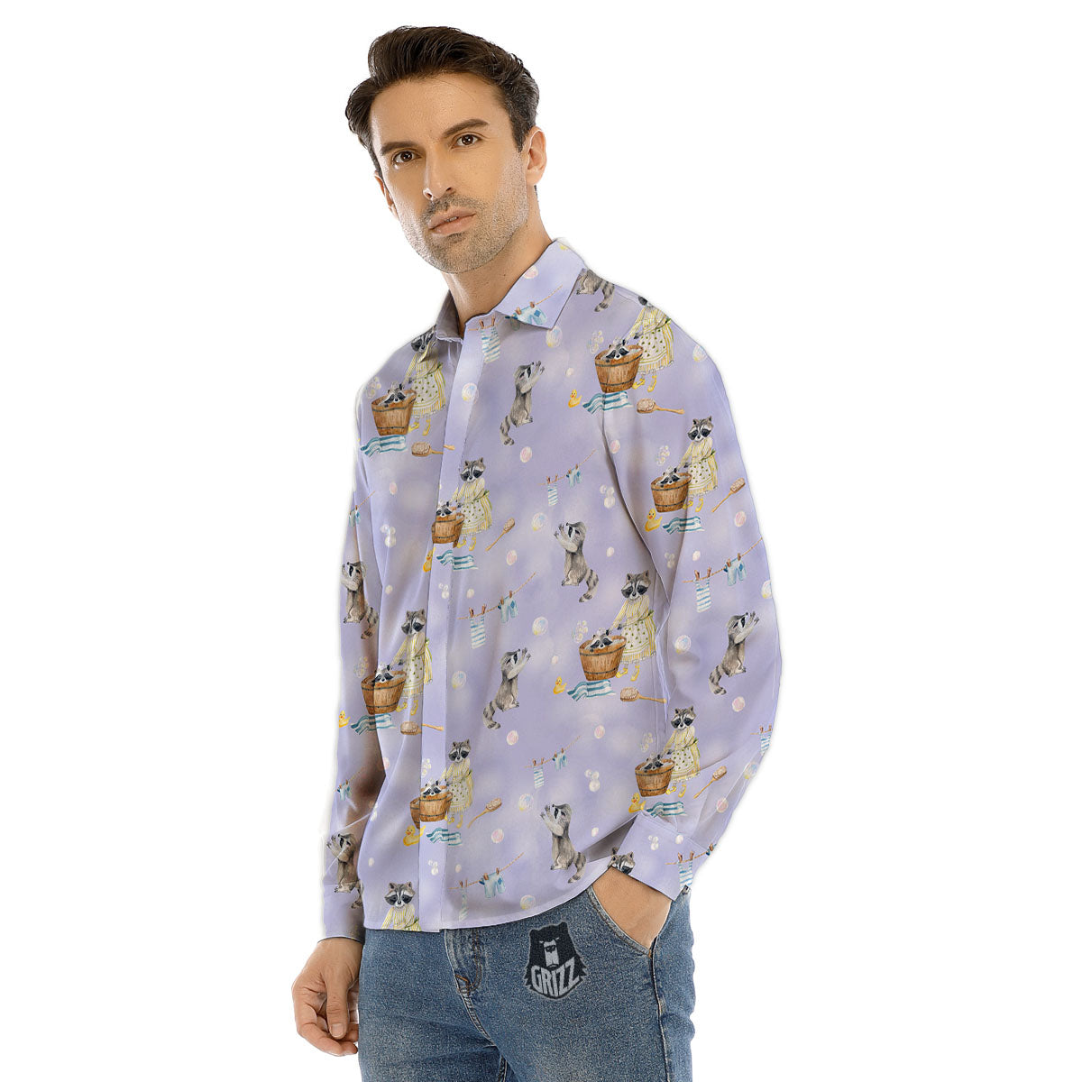Raccoon Watercolor Print Pattern Men's Dress Shirts-grizzshop