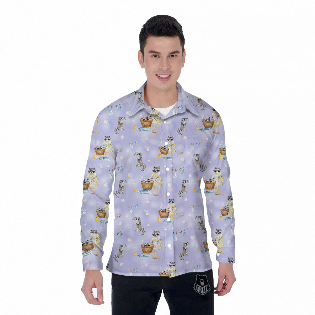 Raccoon Watercolor Print Pattern Men's Long Sleeve Shirts-grizzshop