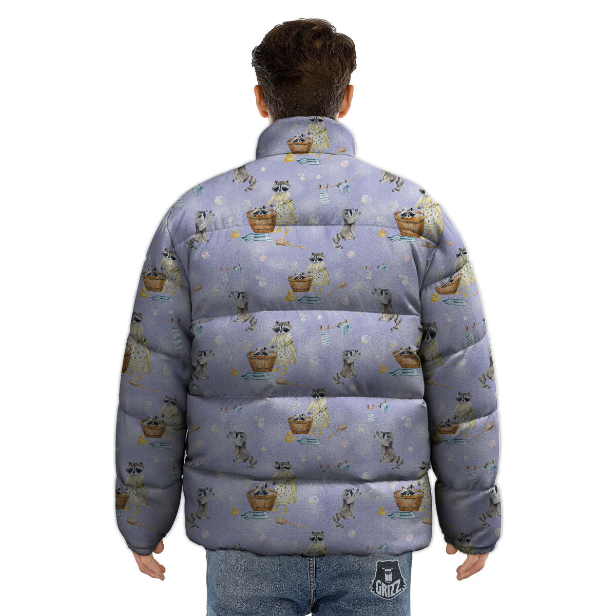 Raccoon Watercolor Print Pattern Puffer Jacket-grizzshop