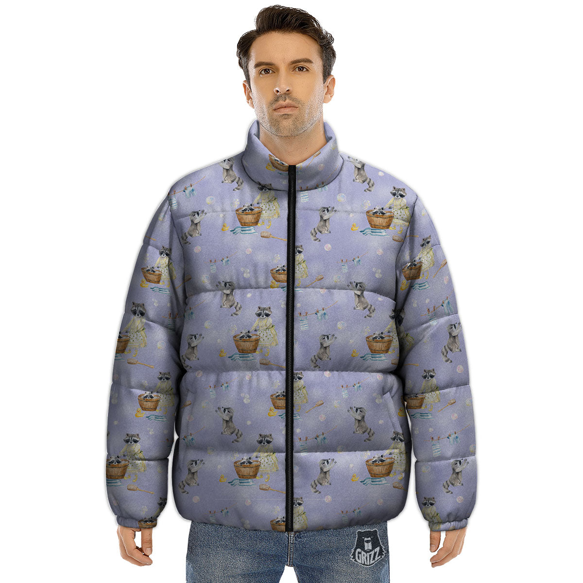 Raccoon Watercolor Print Pattern Puffer Jacket-grizzshop
