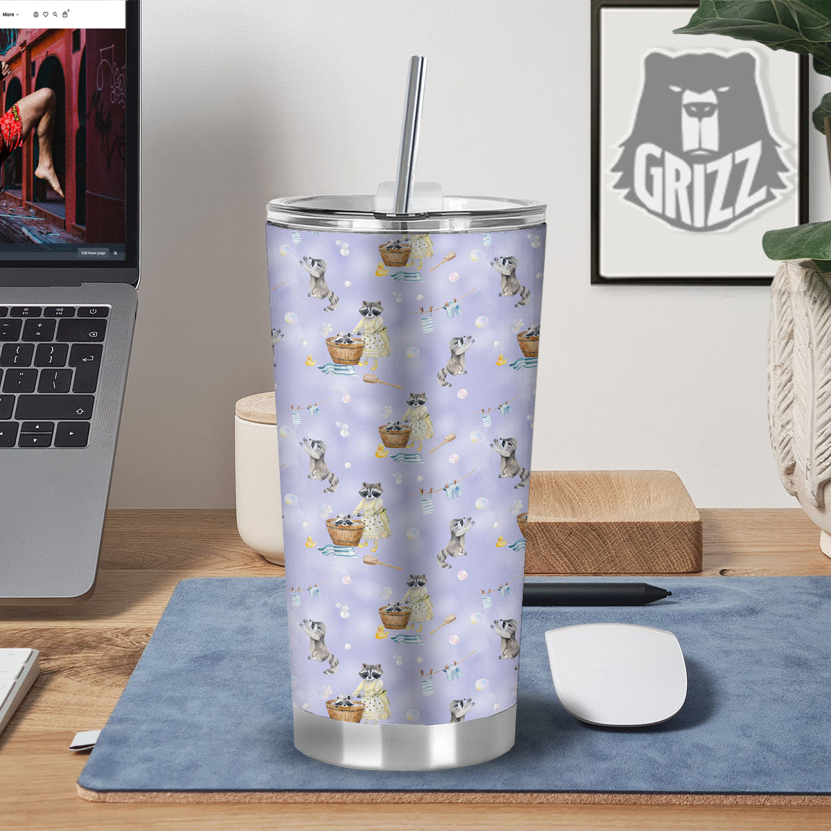 Raccoon Watercolor Print Pattern Tumbler-grizzshop