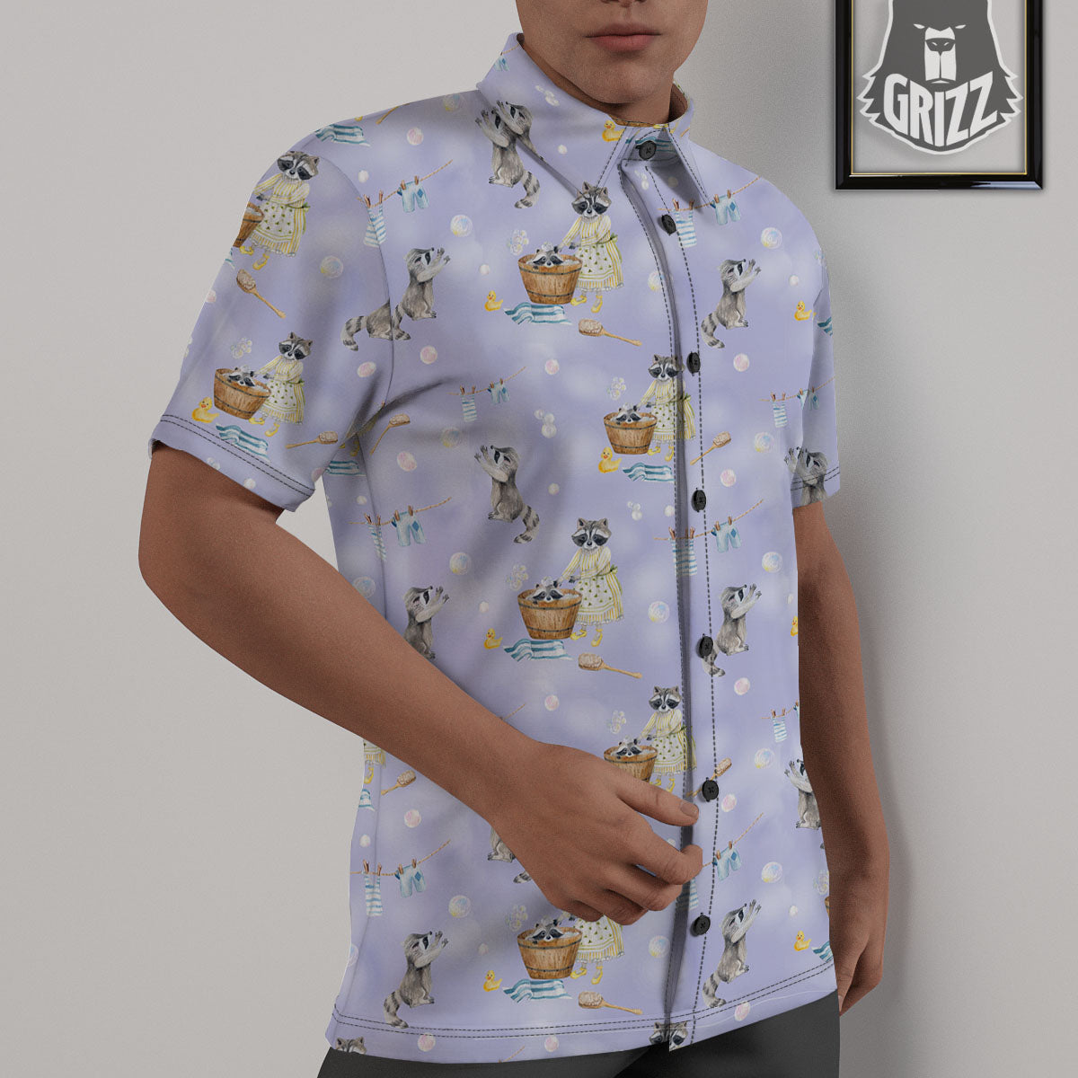 Raccoon Watercolor Print Pattern Untucked Shirts-grizzshop