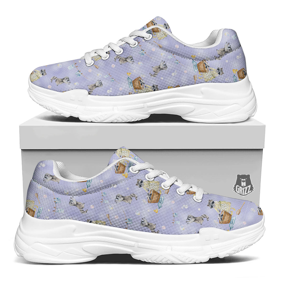 Raccoon Watercolor Print Pattern White Chunky Shoes-grizzshop