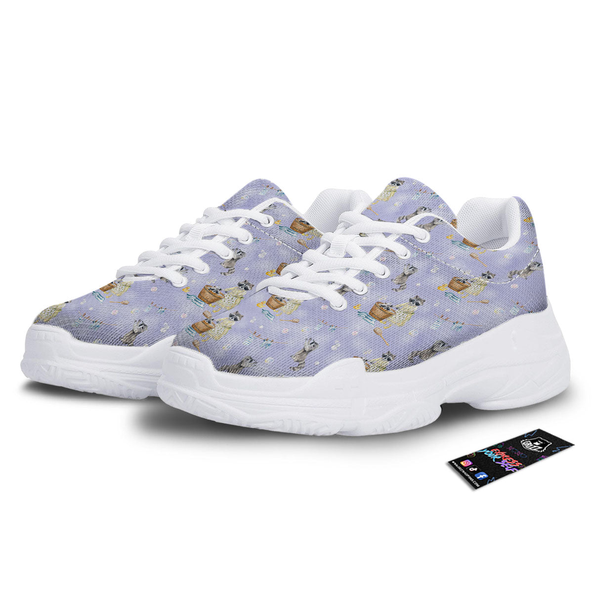 Raccoon Watercolor Print Pattern White Chunky Shoes-grizzshop