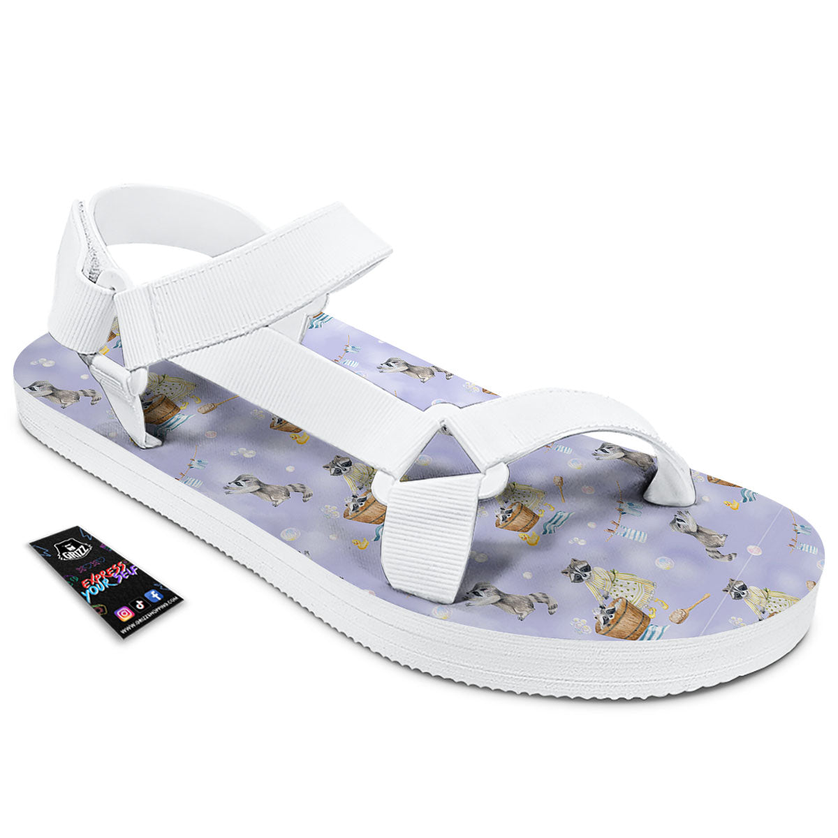 Raccoon Watercolor Print Pattern White Open Toe Sandals-grizzshop