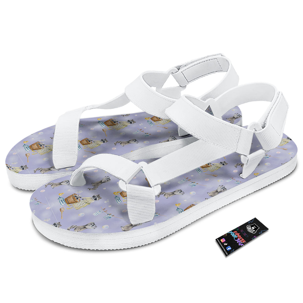 Raccoon Watercolor Print Pattern White Open Toe Sandals-grizzshop