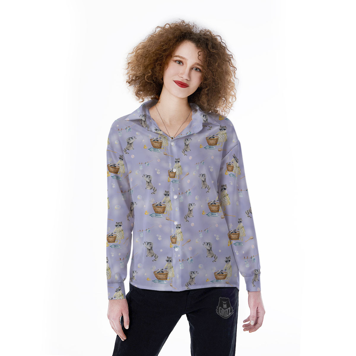 Raccoon Watercolor Print Pattern Women's Long Sleeve Shirts-grizzshop