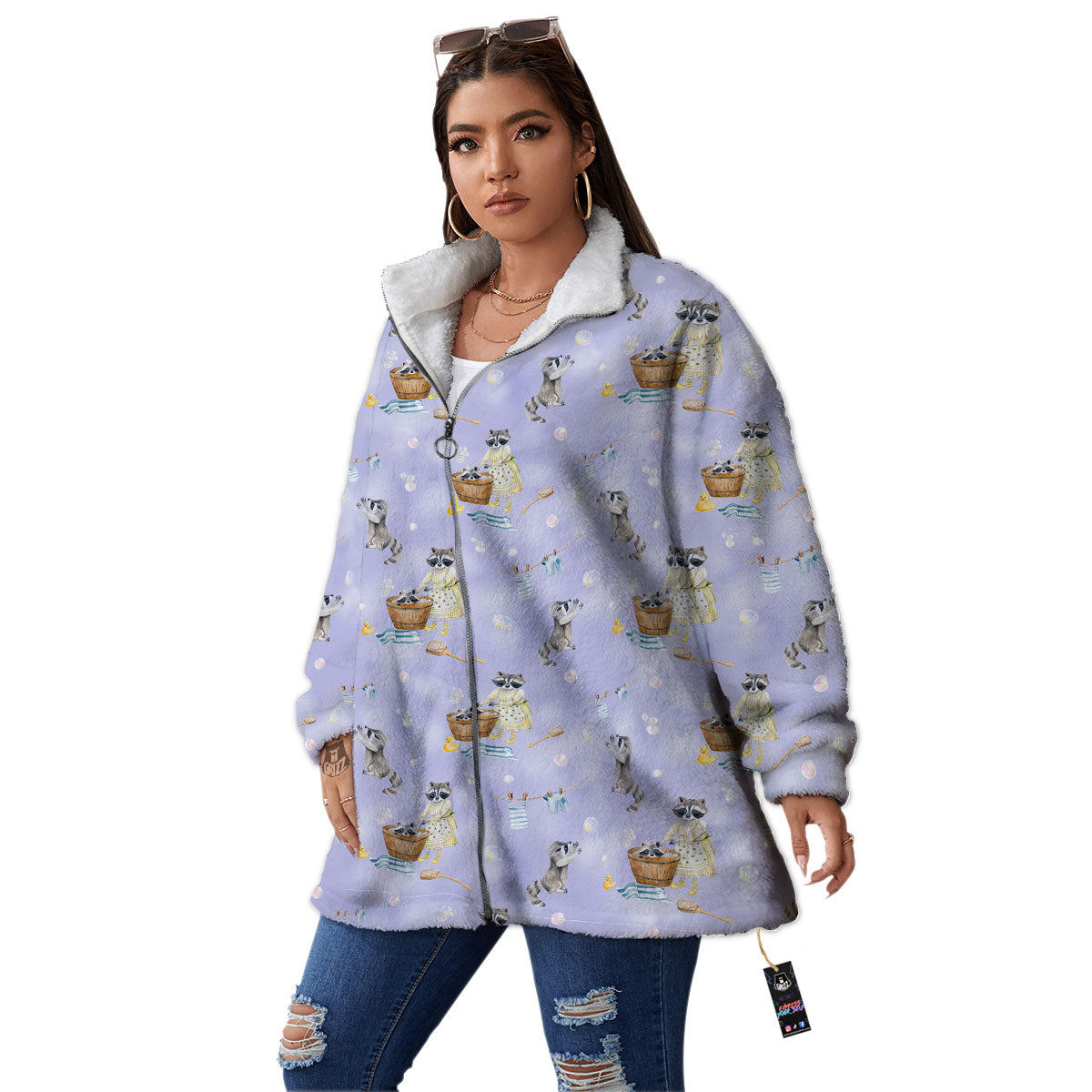 Raccoon Watercolor Print Pattern Women's Sherpa Jacket-grizzshop