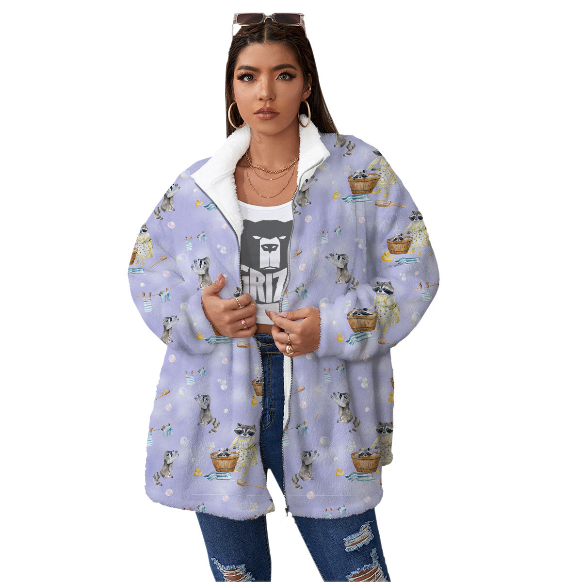 Raccoon Watercolor Print Pattern Women's Sherpa Jacket-grizzshop