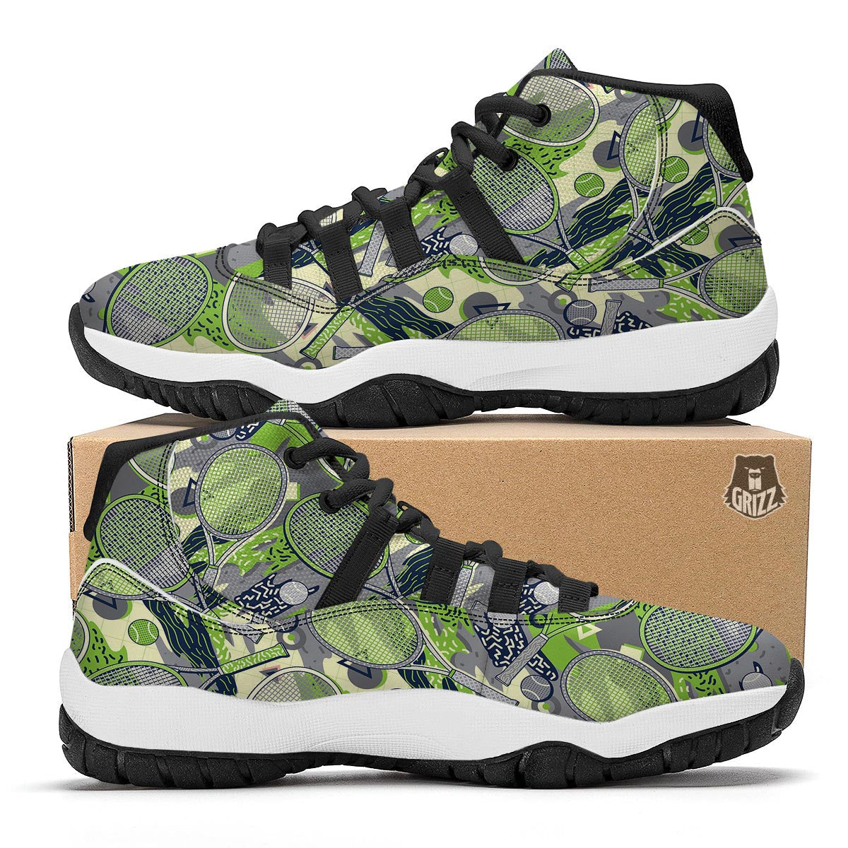 Racket And Tennis Ball Print Pattern Black Bball Shoes-grizzshop