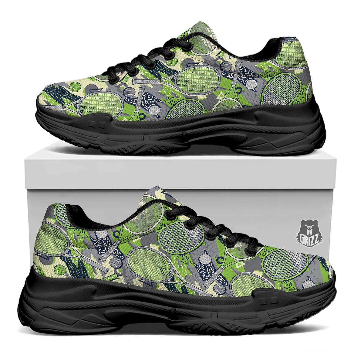 Racket And Tennis Ball Print Pattern Black Chunky Shoes-grizzshop