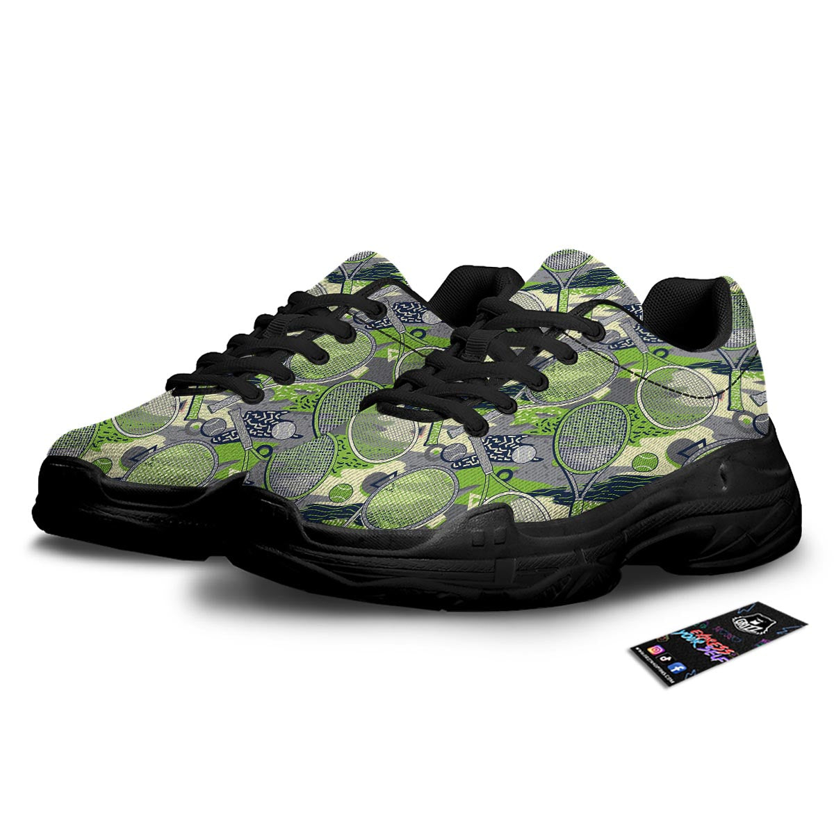 Racket And Tennis Ball Print Pattern Black Chunky Shoes-grizzshop