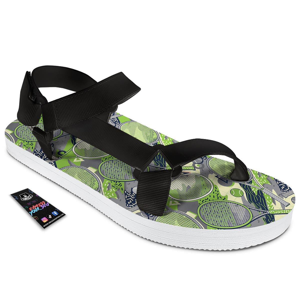 Racket And Tennis Ball Print Pattern Black Open Toe Sandals-grizzshop