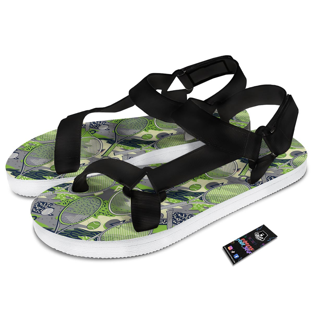 Racket And Tennis Ball Print Pattern Black Open Toe Sandals-grizzshop