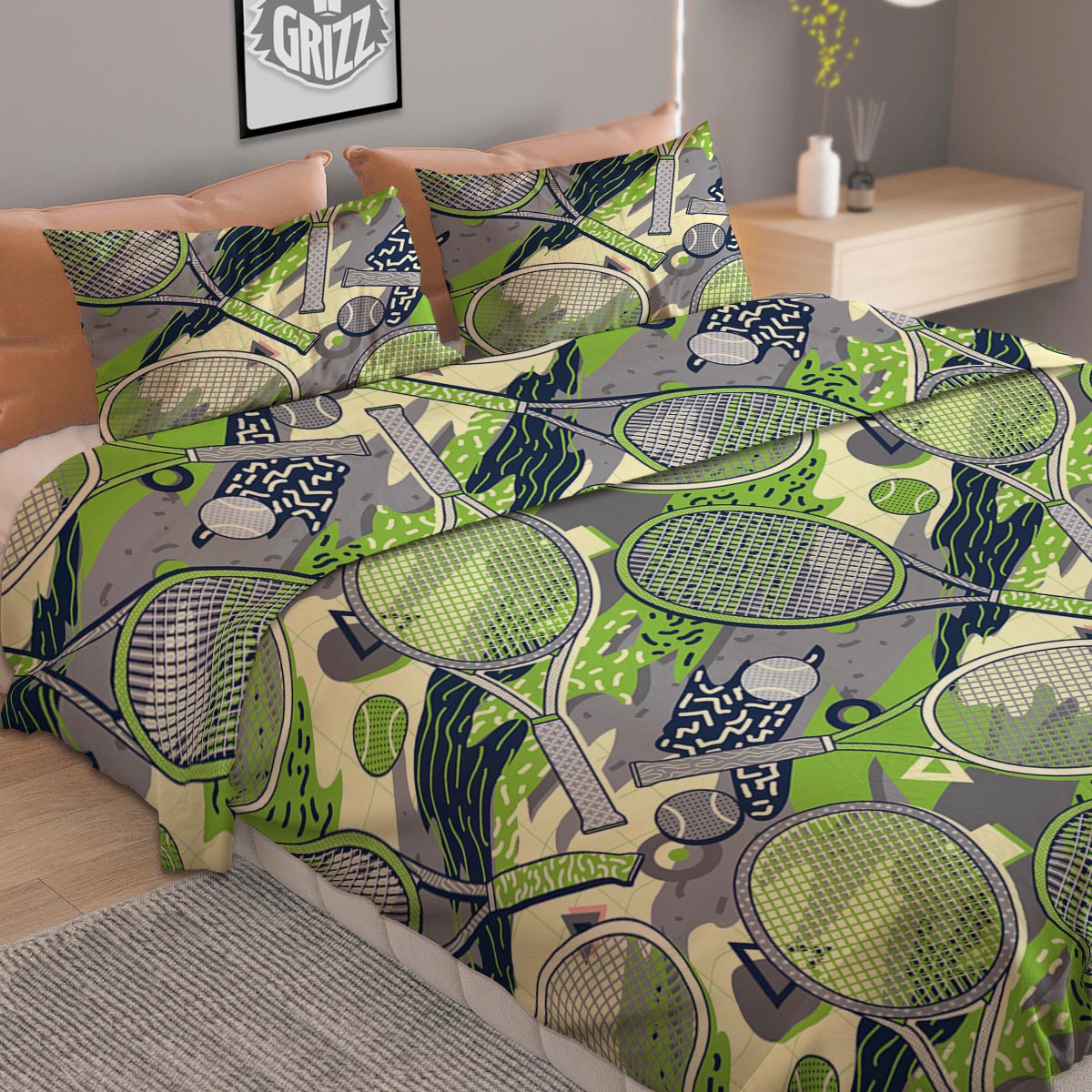 Racket And Tennis Ball Print Pattern Duvet Cover Bedding Set